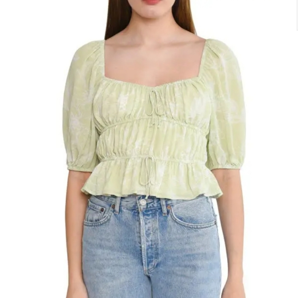 WAYF Avra Sweetheart Neck Peplum‎ Top in Sage Sketch NWT